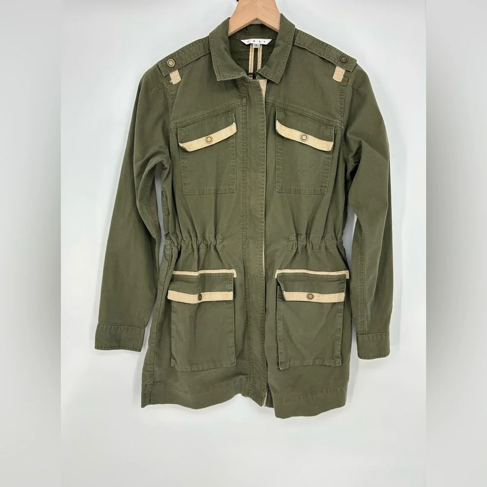 CABI Green Beige Drawstring Waist #722 Anorak Military Jacket Women's Size Small